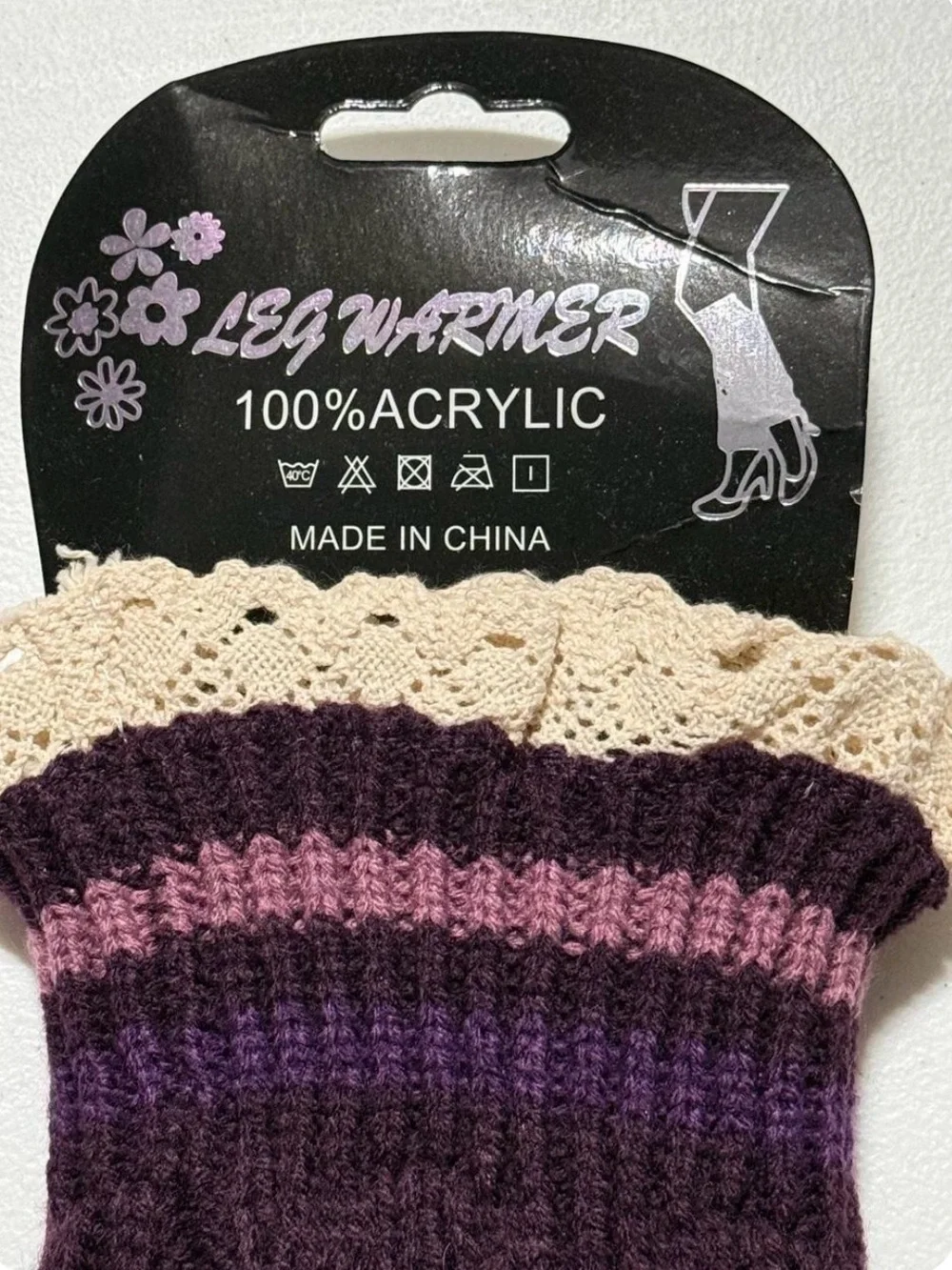 NWT Y2K Whimsigoth Purple Pink Knit Leg Warmers Lace Trim Fairycore Balletcore